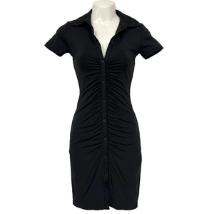 Aritzia Babaton black ruched front dress 2XS button down short sleeve Bodycon